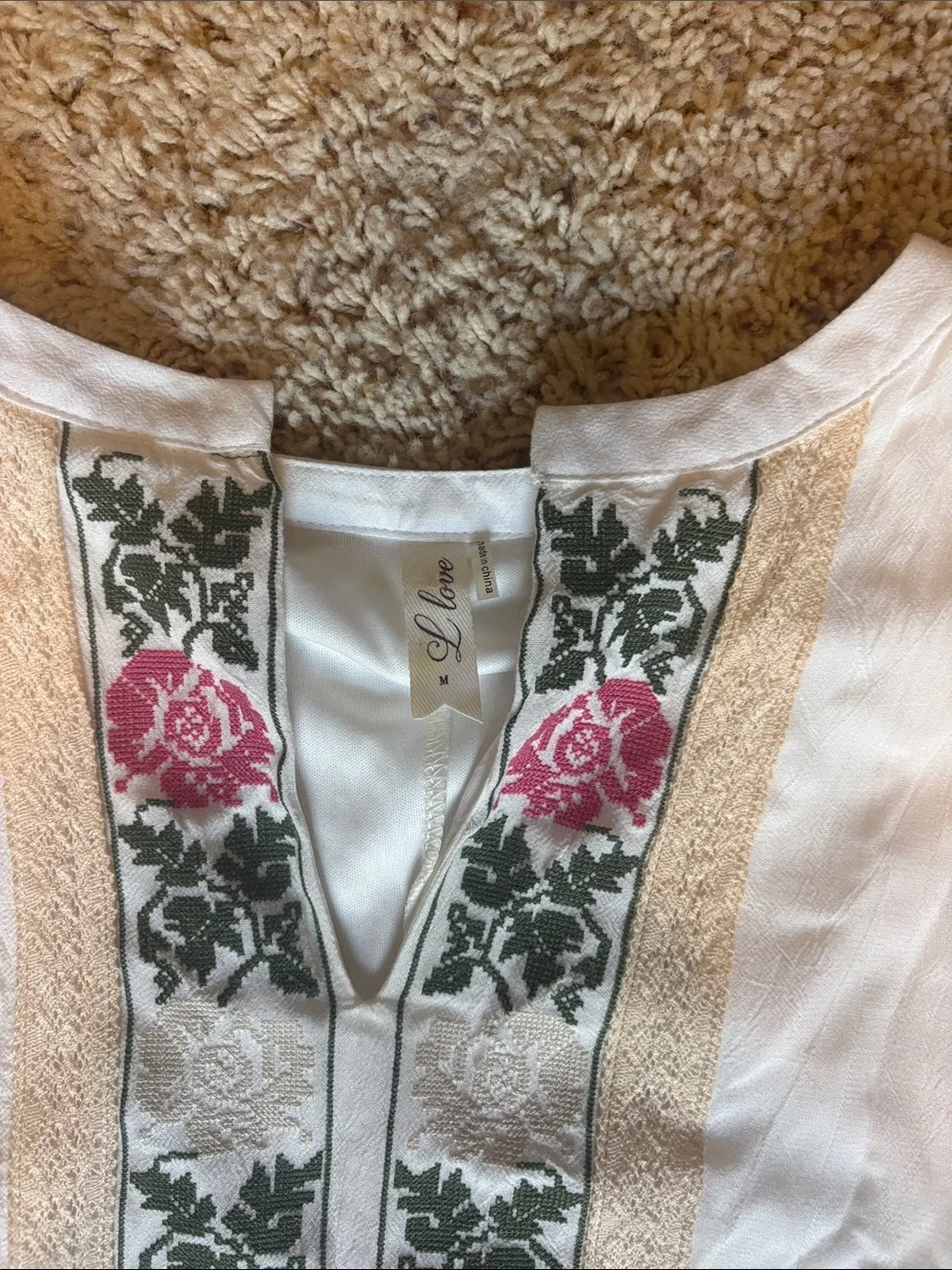 Love White Cotton Dress with Pink and Orange Floral Embroidery